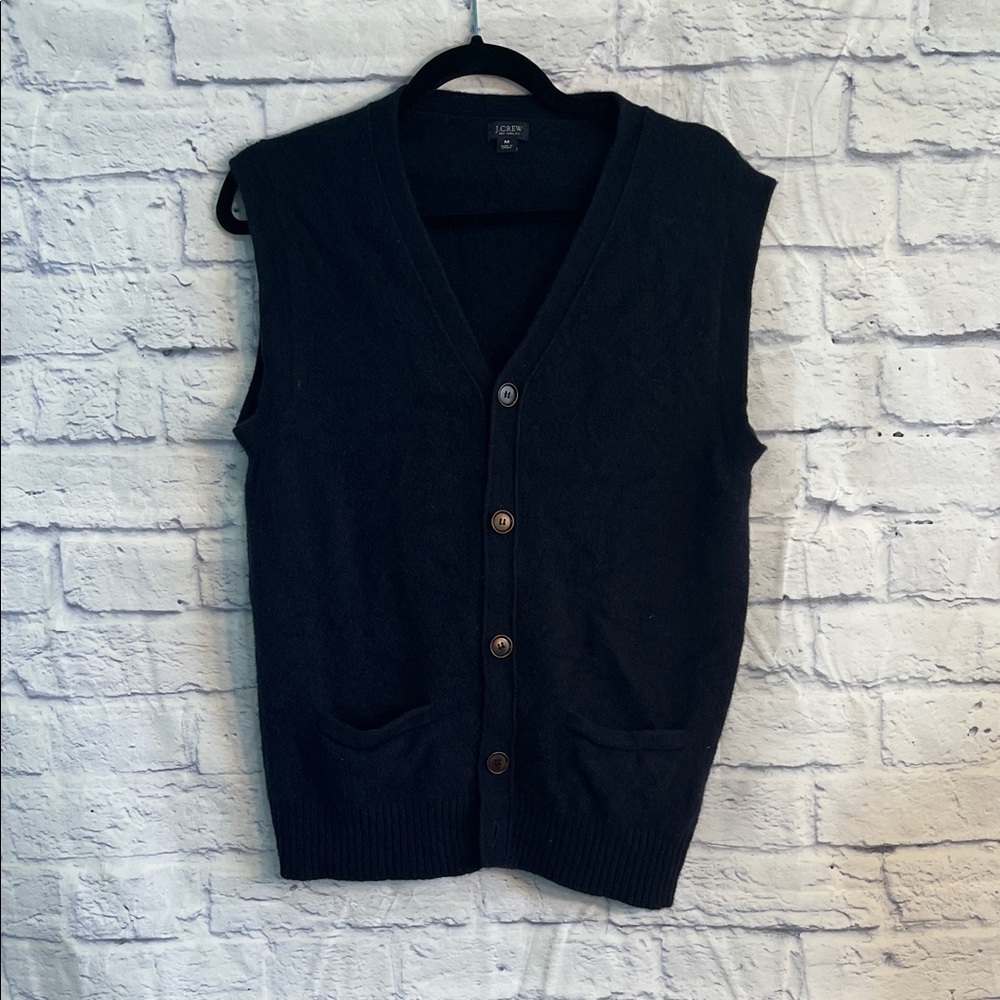 J Crew Mens Sweater Vest Cardigan 100% Lambswool Button Front Navy Blue Pockets